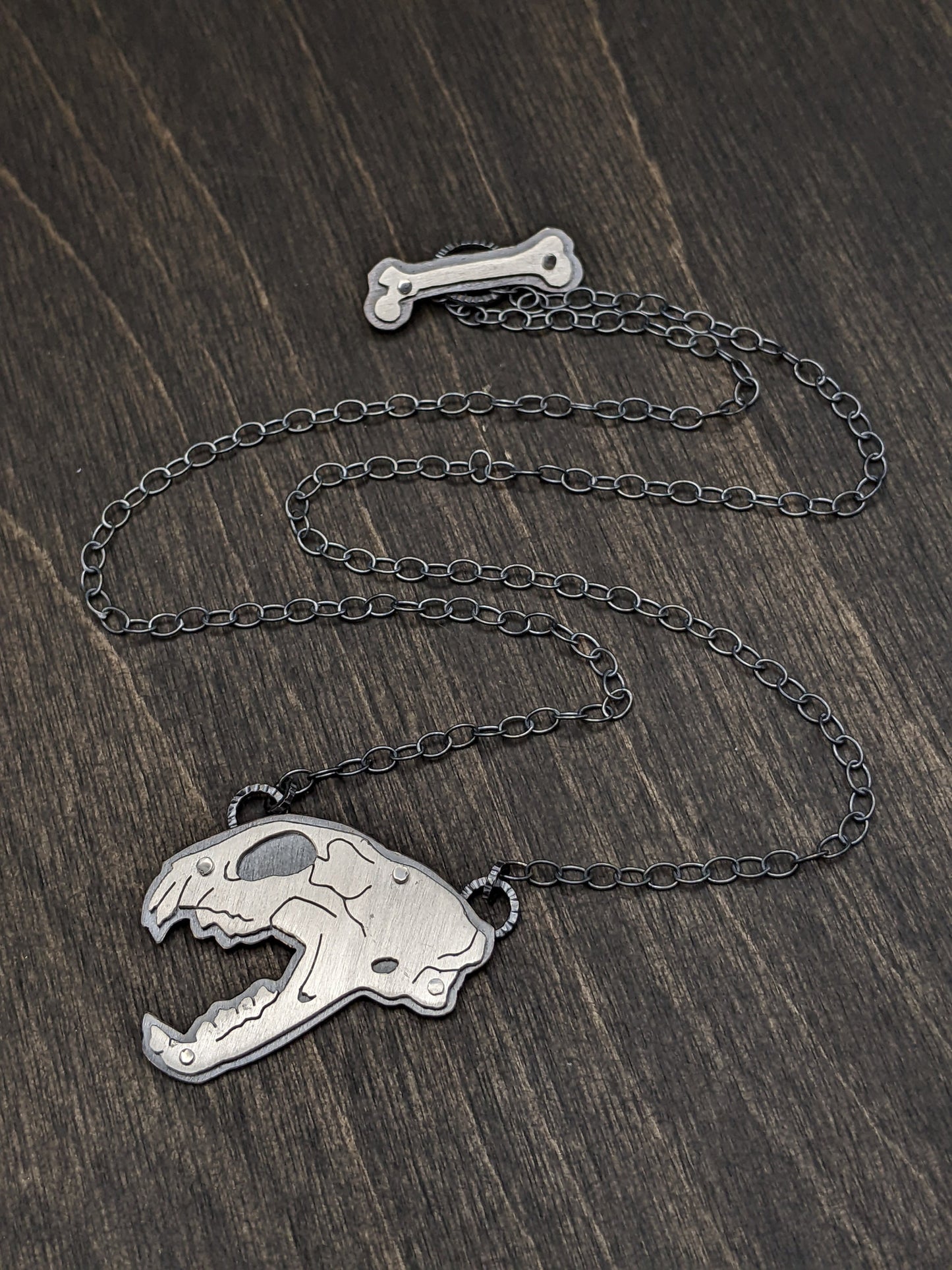 Sterling Silver Riveted Hissing Cat Skull Necklace