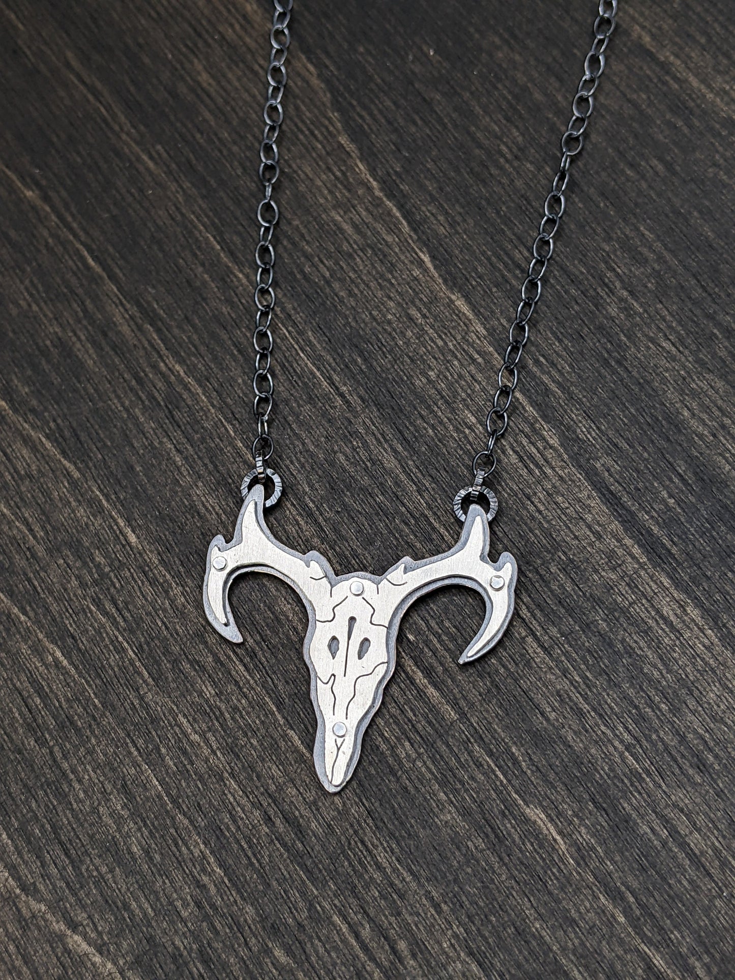 Deer Sterling Silver Riveted Skull Necklace