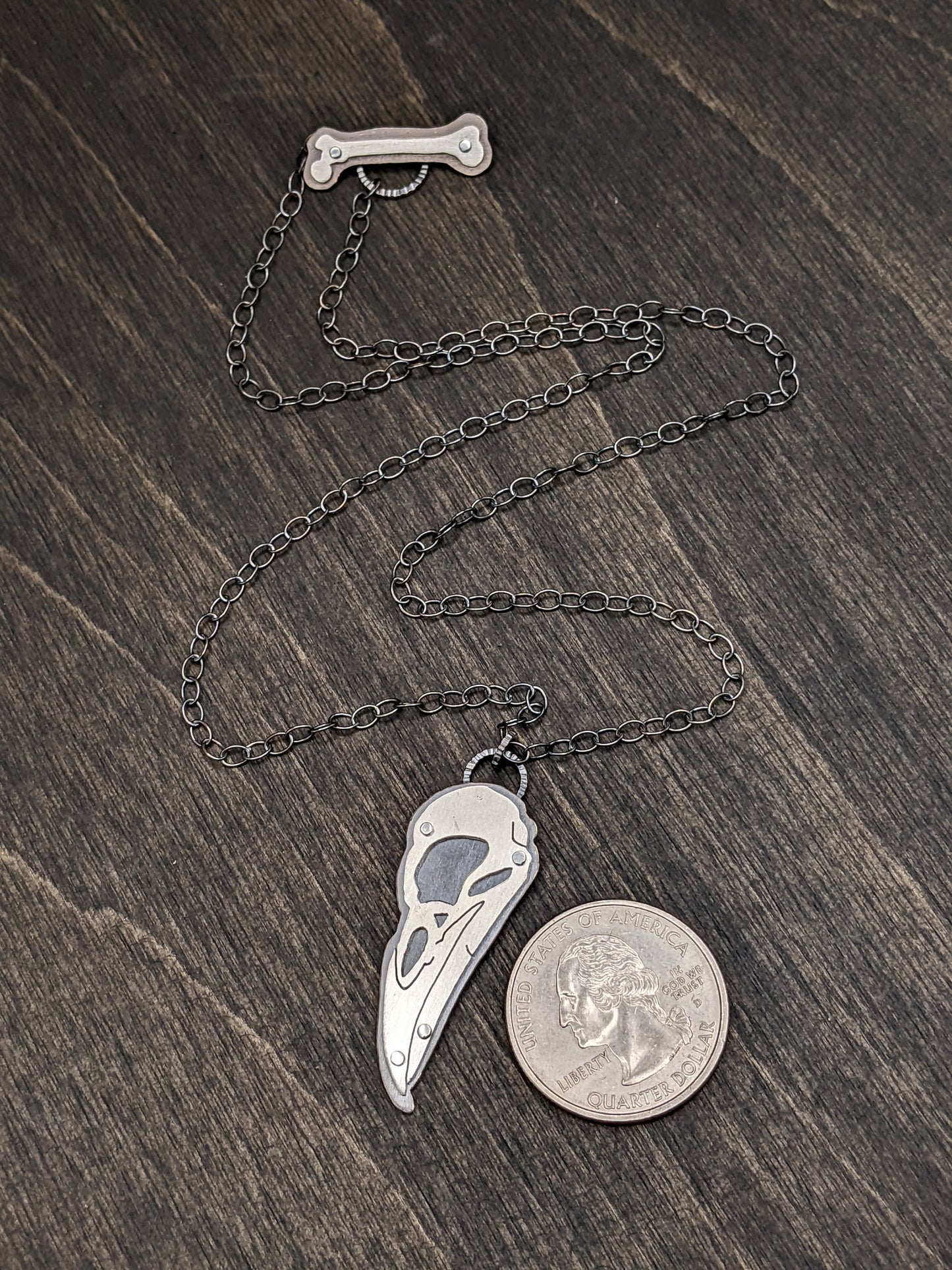 Raven Sterling Silver Riveted Skull Necklace