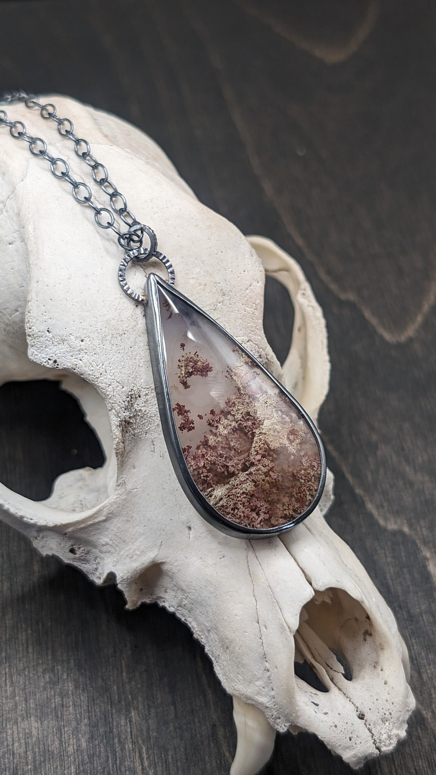 XL Scenic Plume Moss Agate Teardrop Textured Sterling Silver Necklace