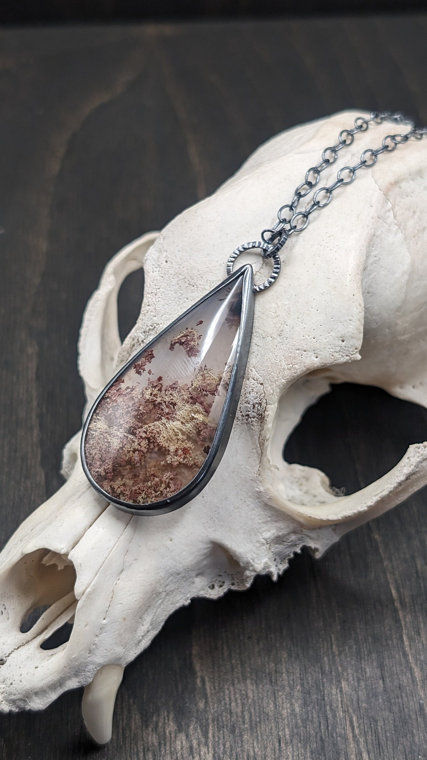 XL Scenic Plume Moss Agate Teardrop Textured Sterling Silver Necklace