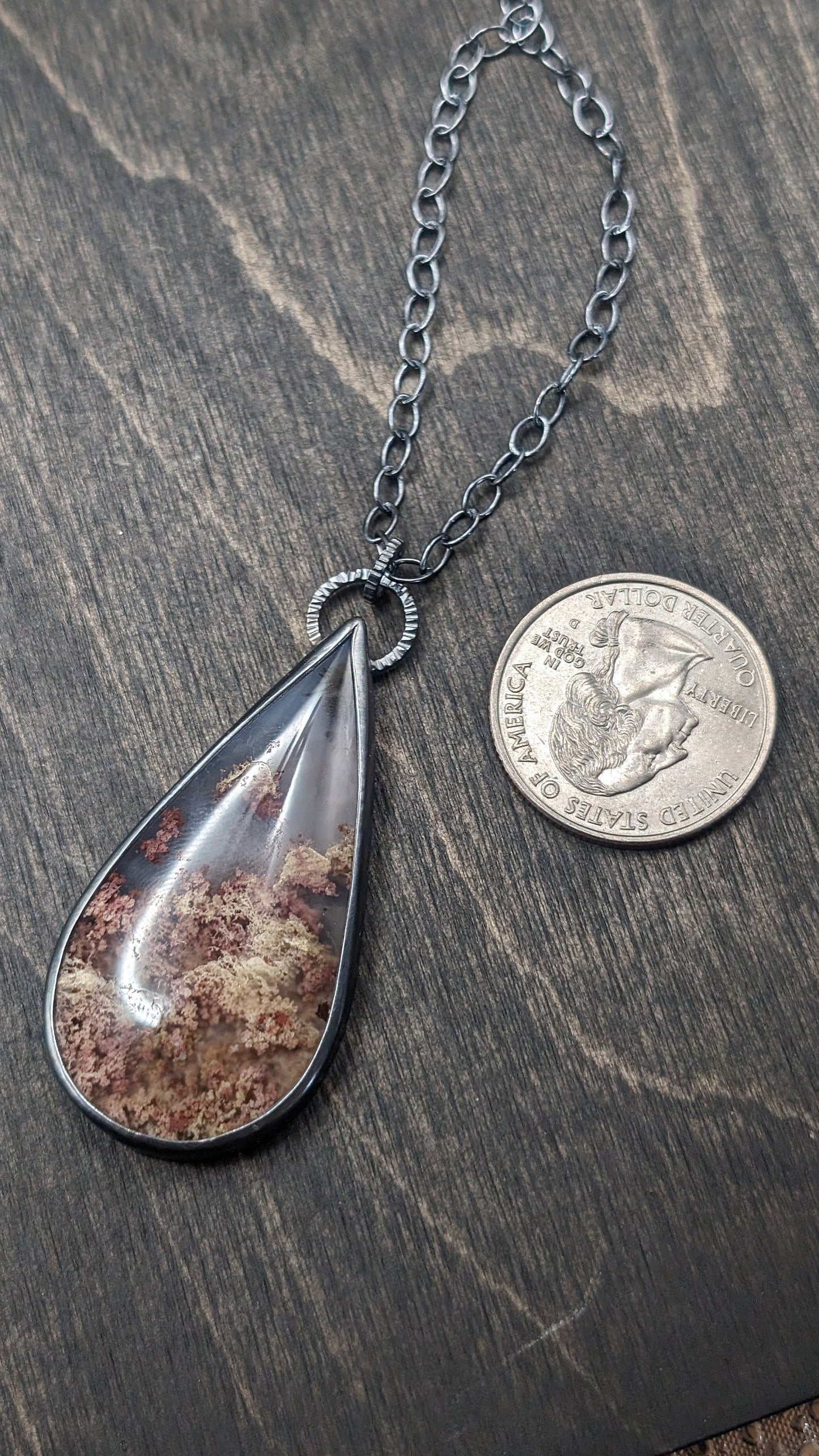 XL Scenic Plume Moss Agate Teardrop Textured Sterling Silver Necklace