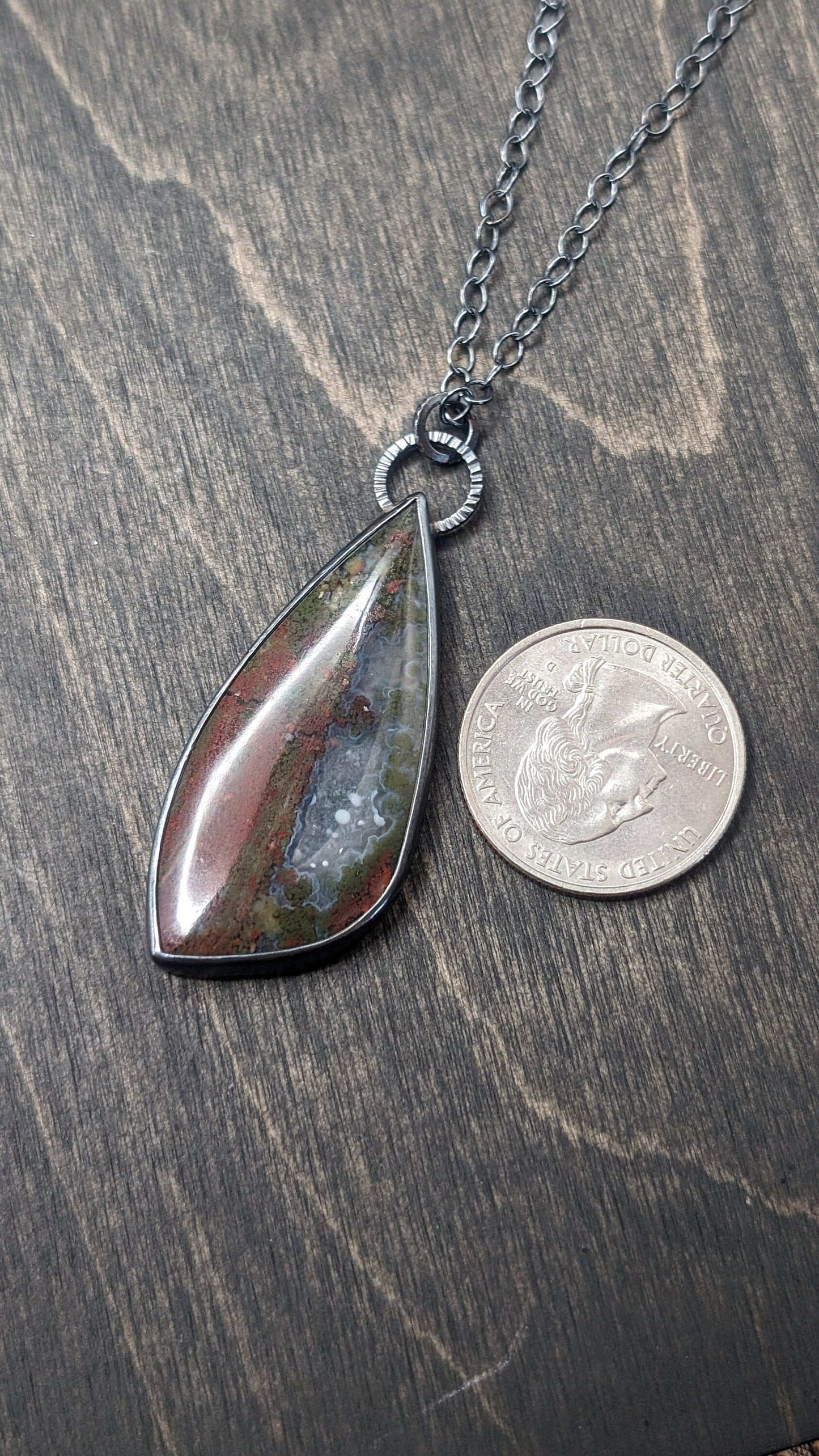 XL Scenic Plume Moss Agate Flame Textured Sterling Silver Necklace