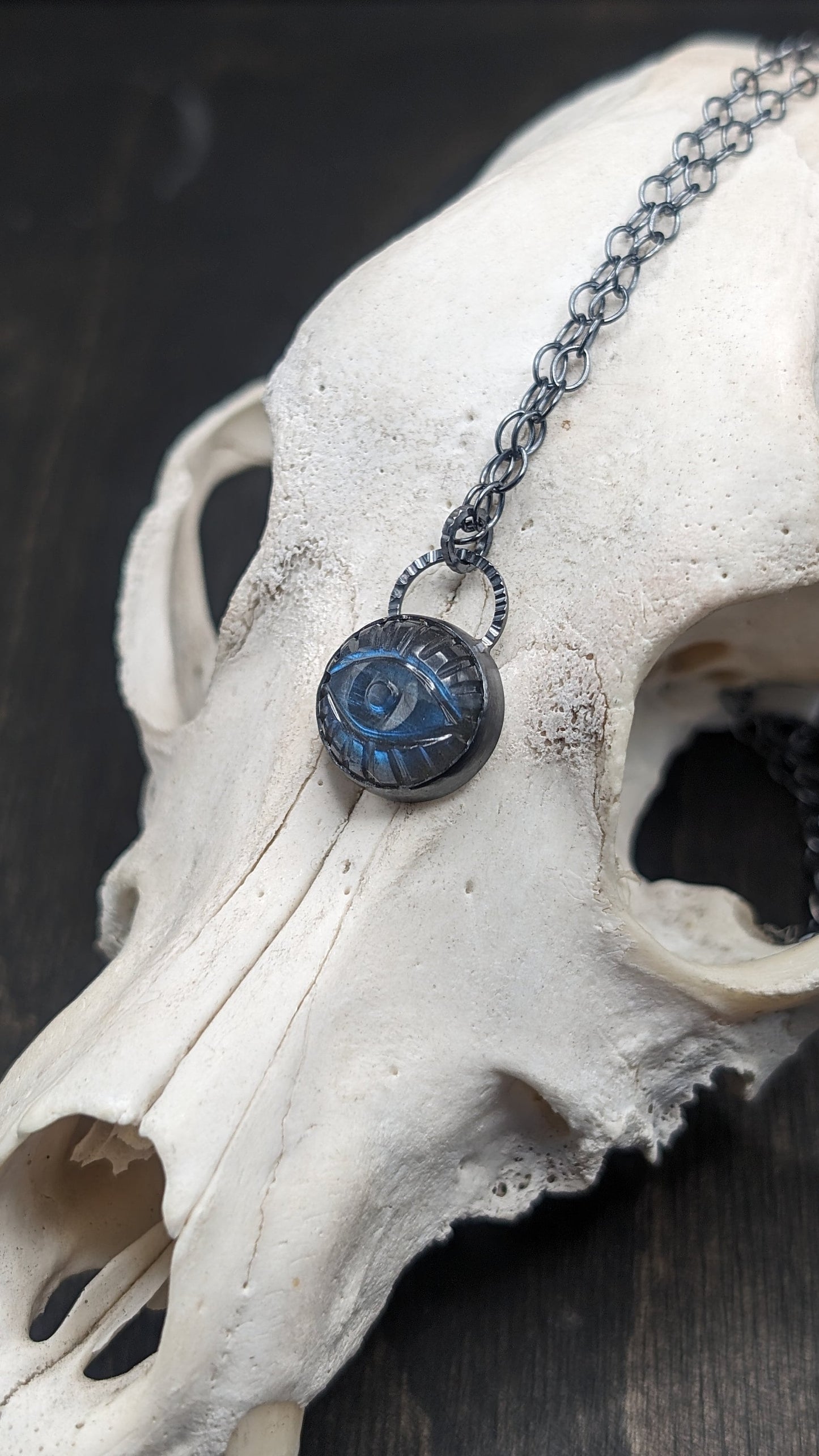 Round Evil Eye Labradorite Textured Sterling Silver Necklace
