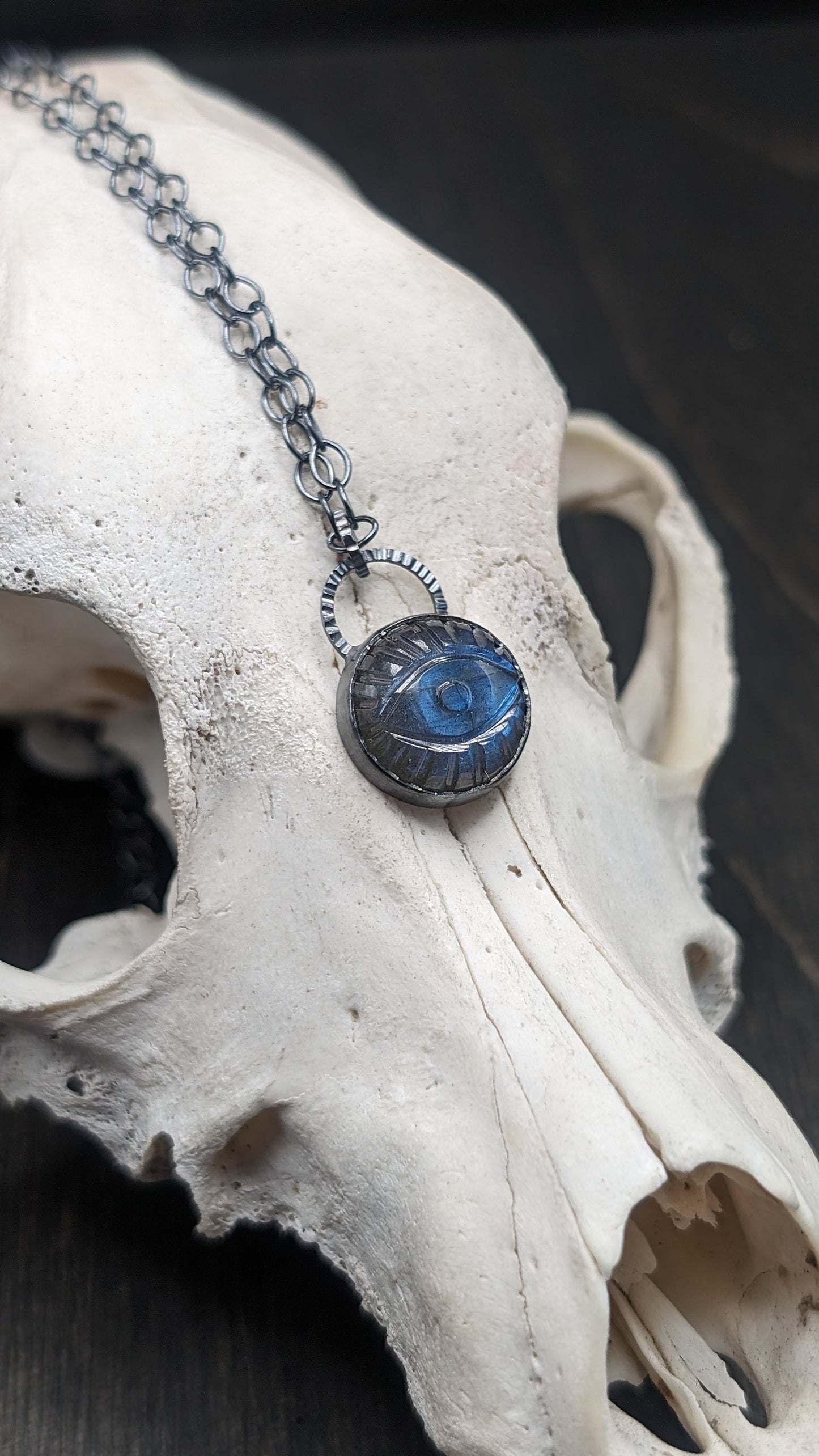 Round Evil Eye Labradorite Textured Sterling Silver Necklace