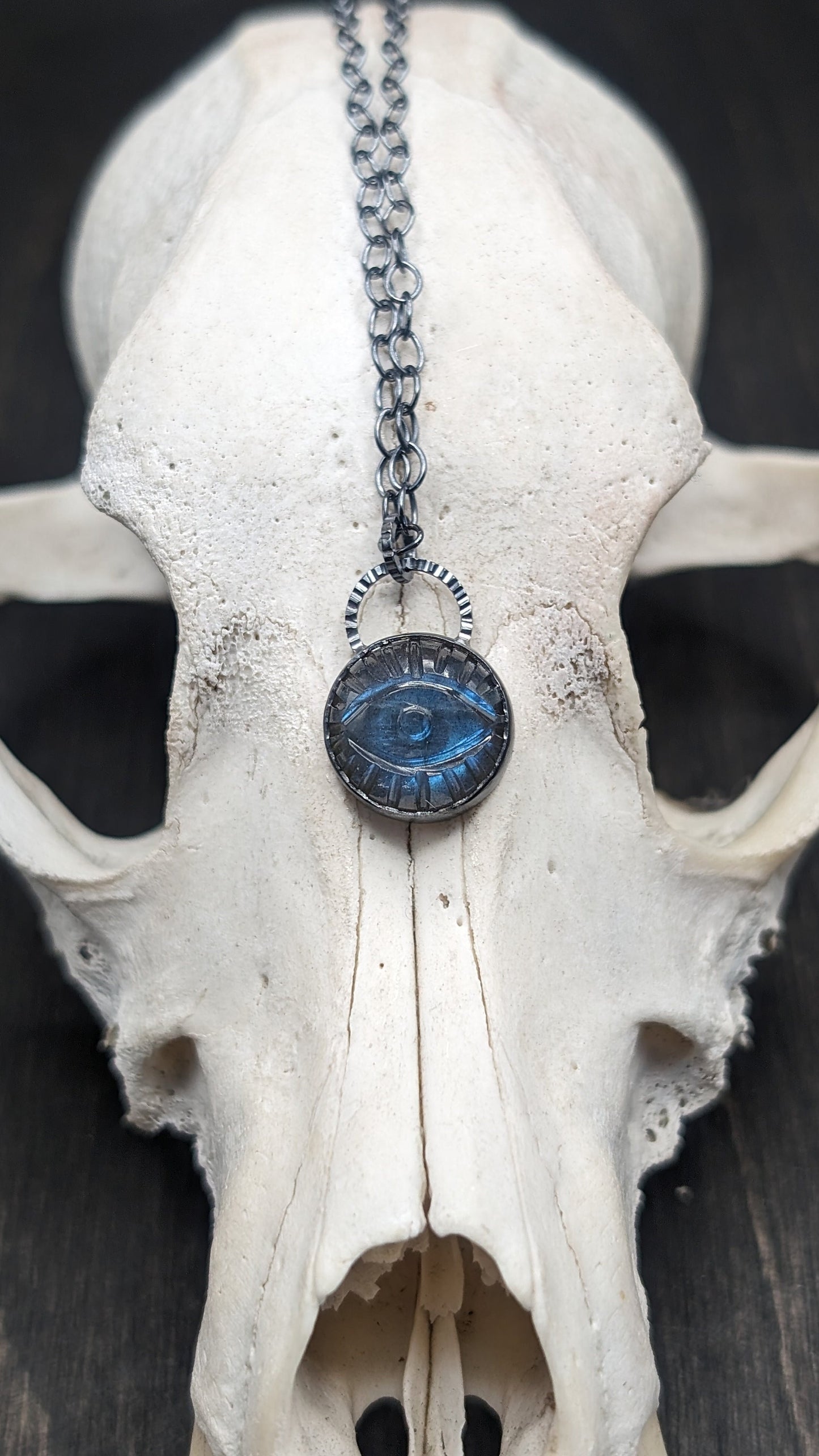 Round Evil Eye Labradorite Textured Sterling Silver Necklace