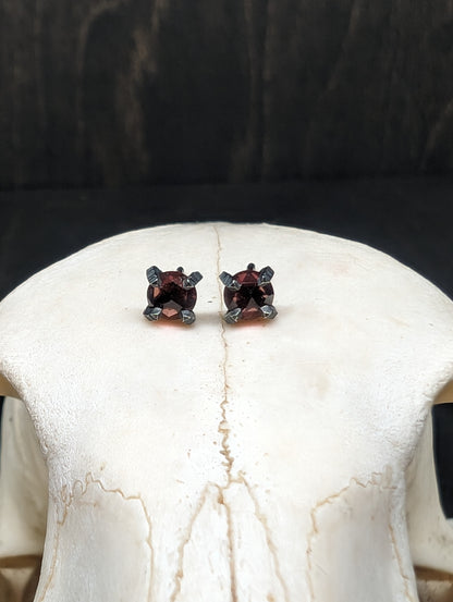Small Faceted Garnet Sterling Silver Textured Stud Earrings