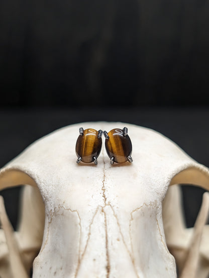 Oval Tigers Eye Sterling Silver Textured Stud Earrings