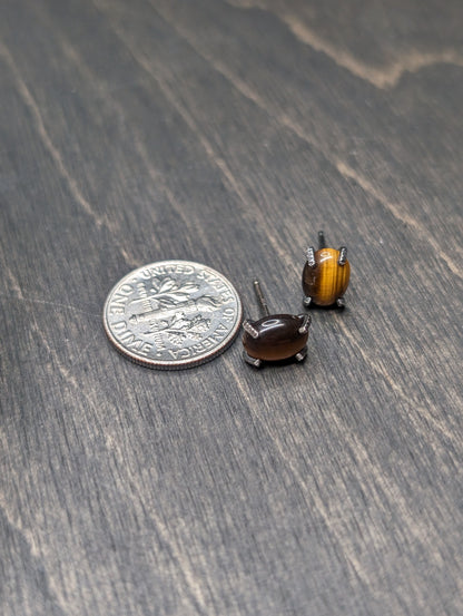 Oval Tigers Eye Sterling Silver Textured Stud Earrings