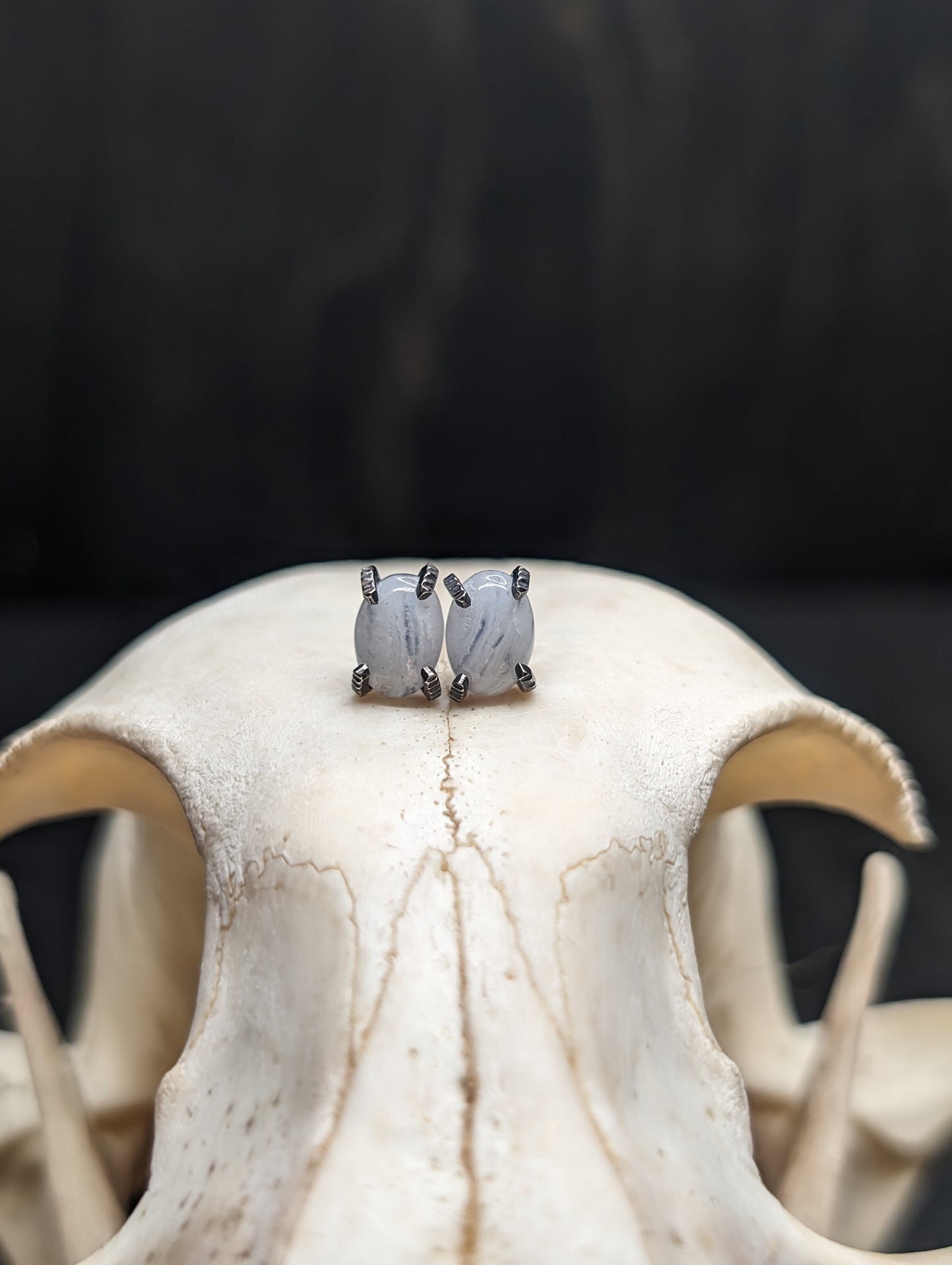 Oval Blue Lace Agate Sterling Silver Textured Stud Earrings