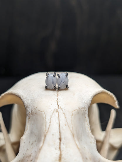 Oval Blue Lace Agate Sterling Silver Textured Stud Earrings