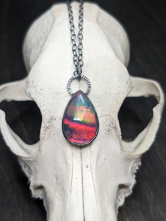 Large Aurora "Opal" Oval Textured Sterling Silver Necklace