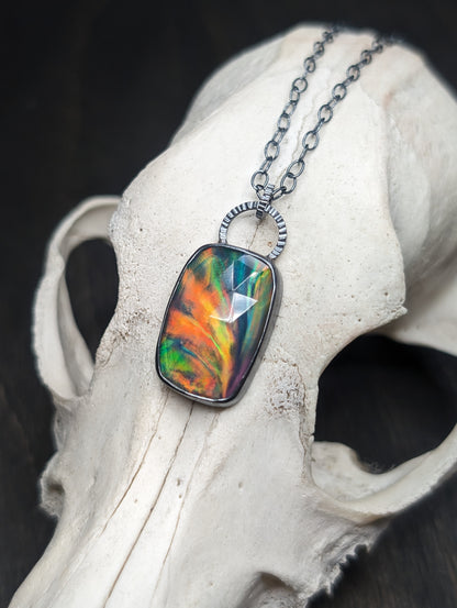 Large Aurora "Opal" Oval Textured Sterling Silver Necklace