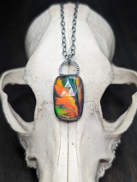 Large Aurora "Opal" Oval Textured Sterling Silver Necklace