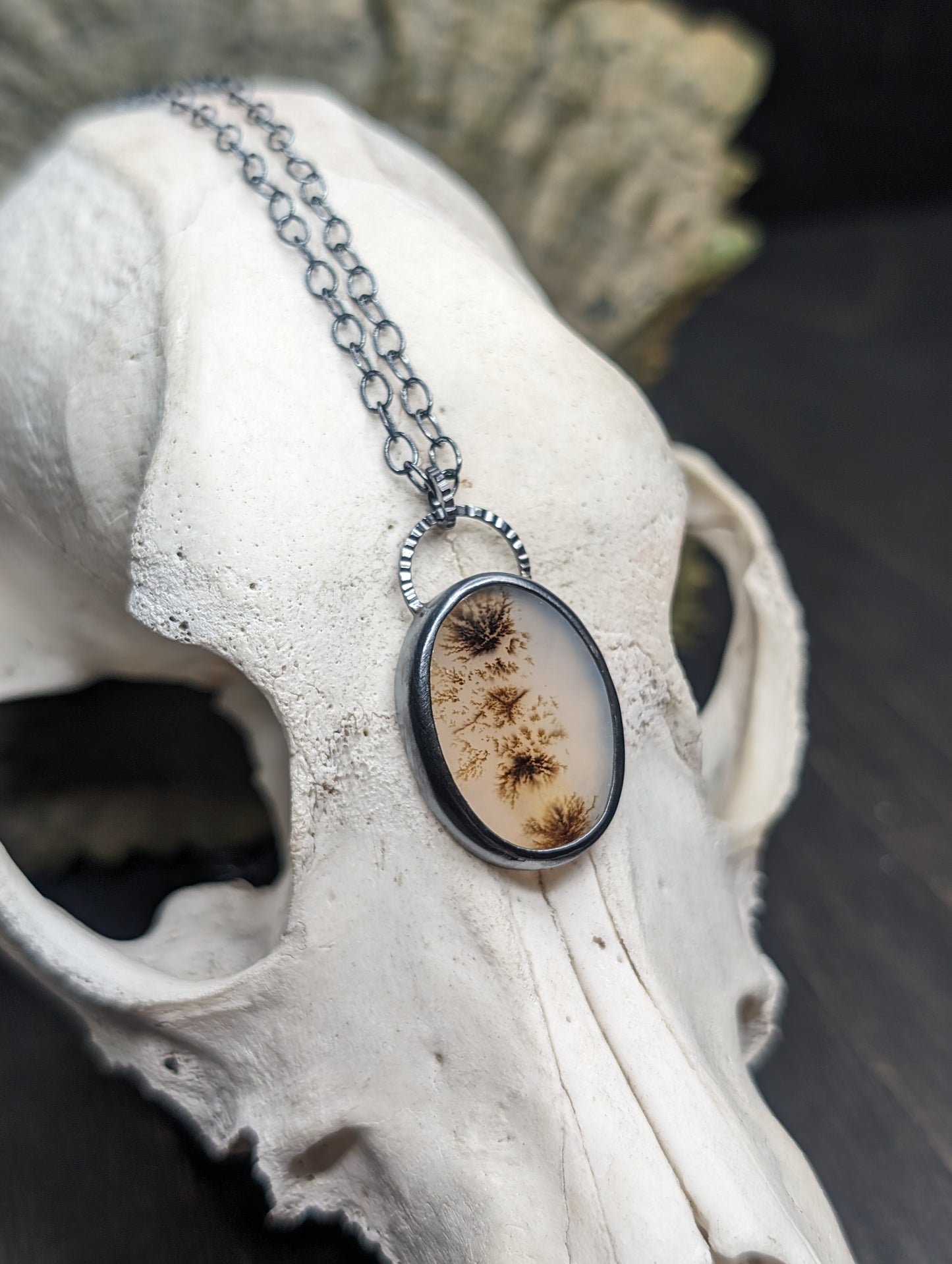 Dendritic Agate Large Oval Slice Textured Sterling Silver Necklace