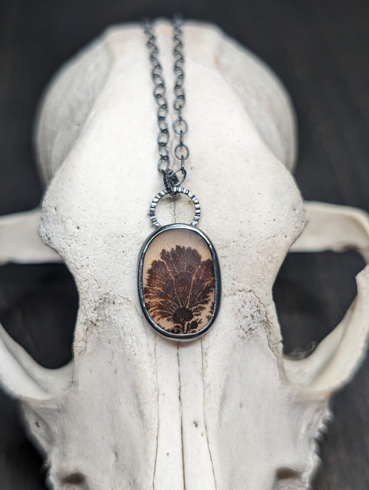 Dendritic Agate Oval Slice Textured Sterling Silver Necklace