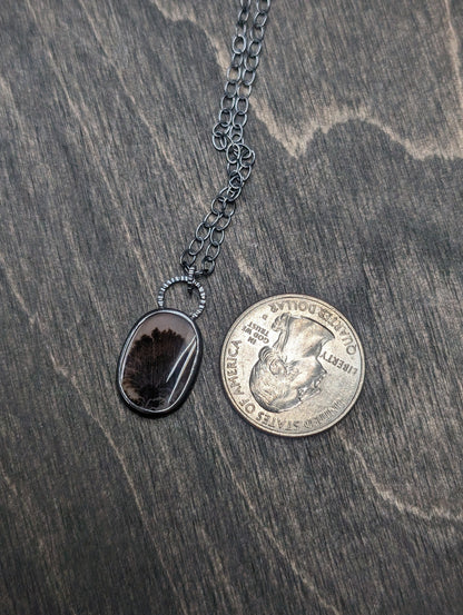 Dendritic Agate Oval Slice Textured Sterling Silver Necklace
