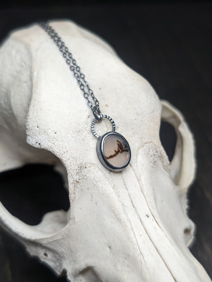 Dendritic Agate Dainty Oval  Slice Textured Sterling Silver Necklace