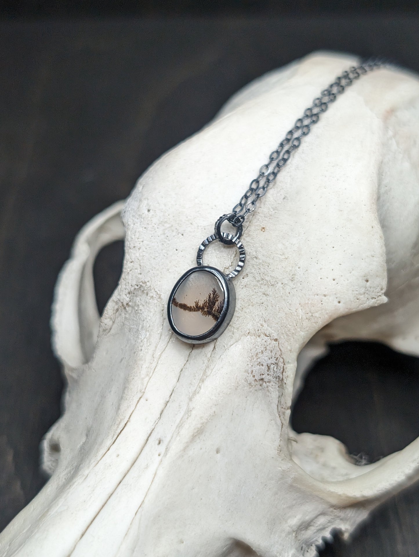 Dendritic Agate Dainty Oval  Slice Textured Sterling Silver Necklace