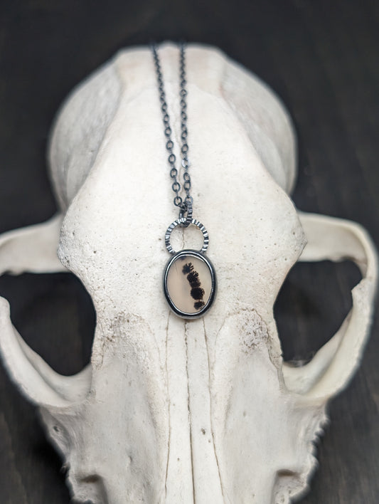 Dendritic Agate Dainty Oval Slice Textured Sterling Silver Necklace