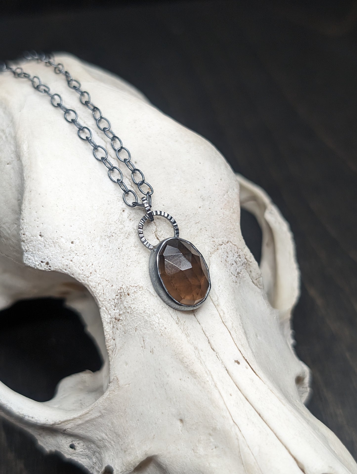 Facted Smoky Quartz Oval Textured Sterling Silver Necklace