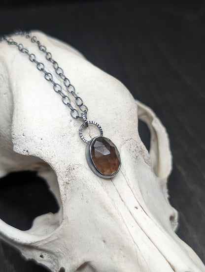 Facted Smoky Quartz Oval Textured Sterling Silver Necklace