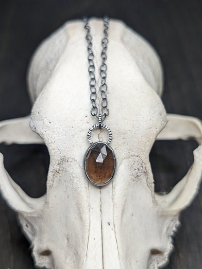 Facted Smoky Quartz Oval Textured Sterling Silver Necklace