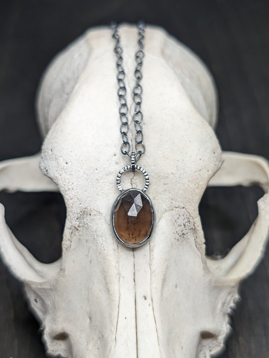 Facted Smoky Quartz Oval Textured Sterling Silver Necklace