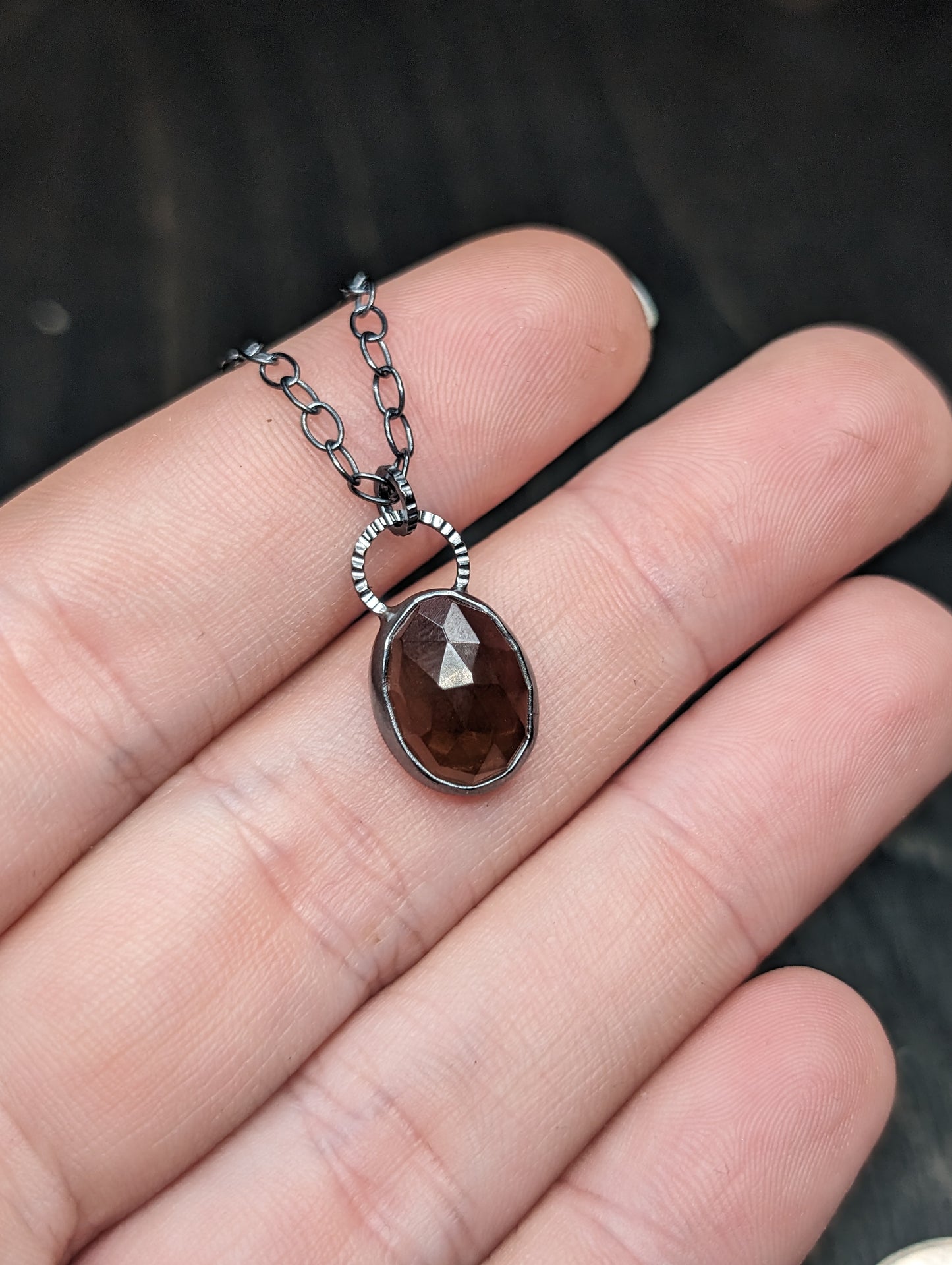 Facted Smoky Quartz Oval Textured Sterling Silver Necklace