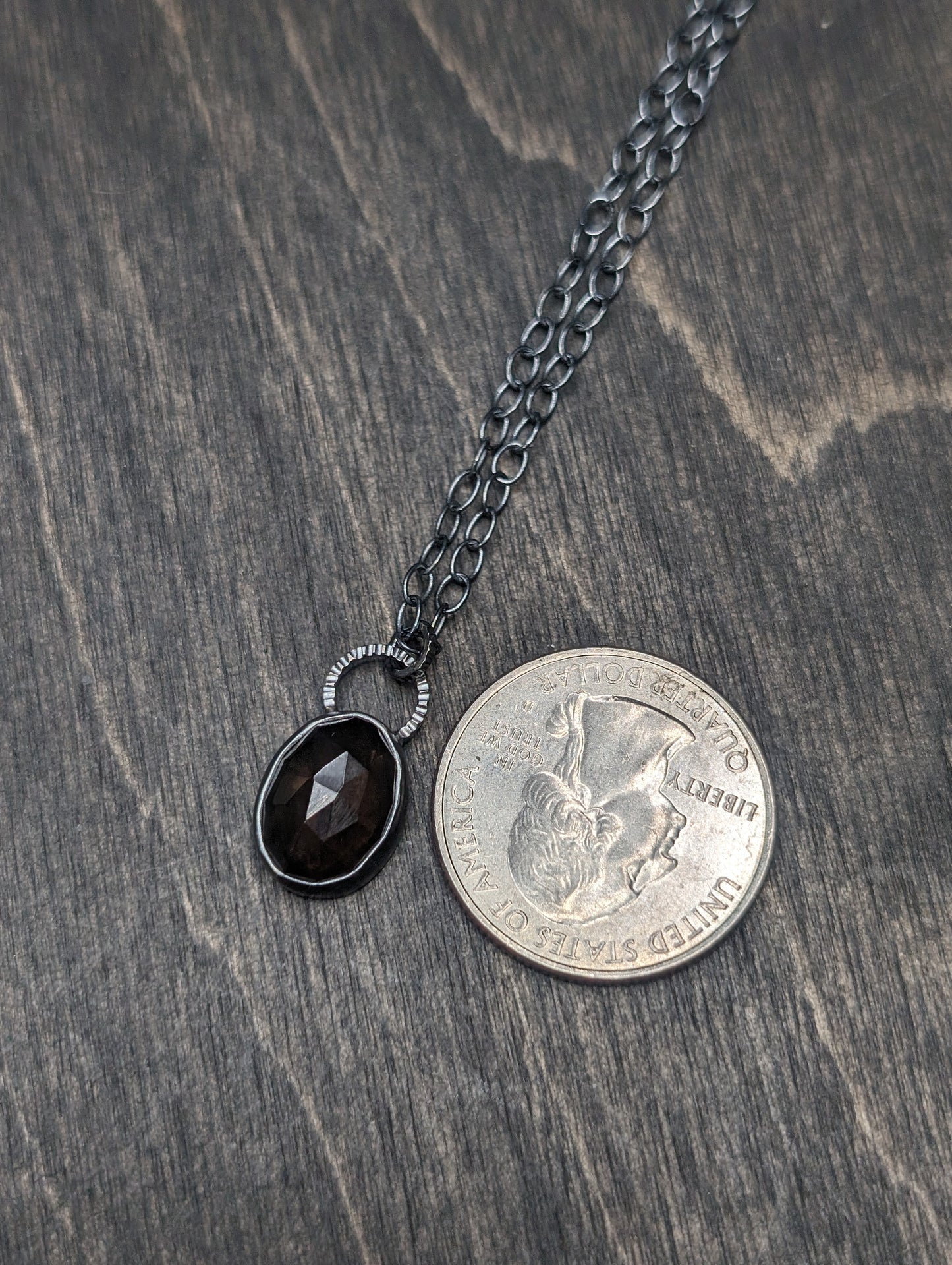 Facted Smoky Quartz Oval Textured Sterling Silver Necklace