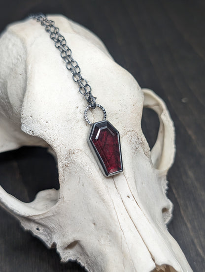 Garnet Coffin Textured Sterling Silver Necklace