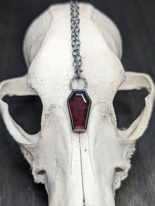 Garnet Coffin Textured Sterling Silver Necklace