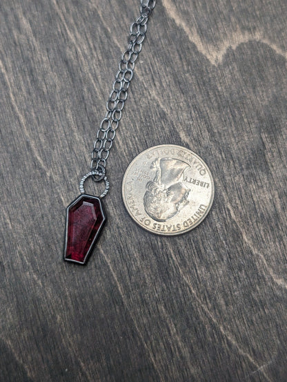 Garnet Coffin Textured Sterling Silver Necklace