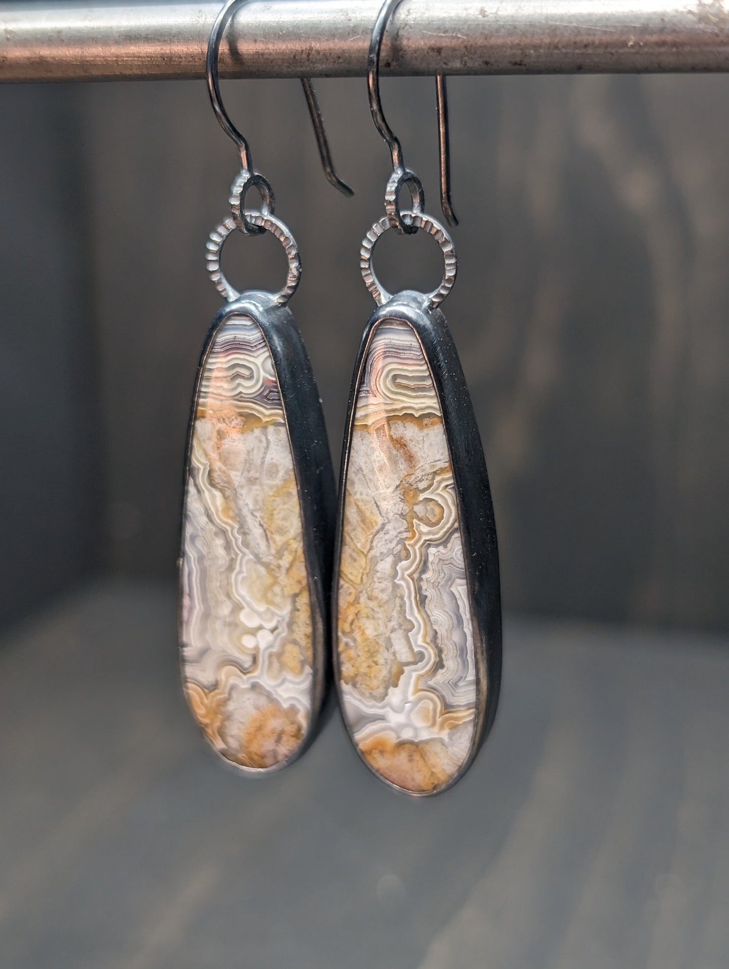 Crazy Lace Agate Textured Sterling Silver Earrings