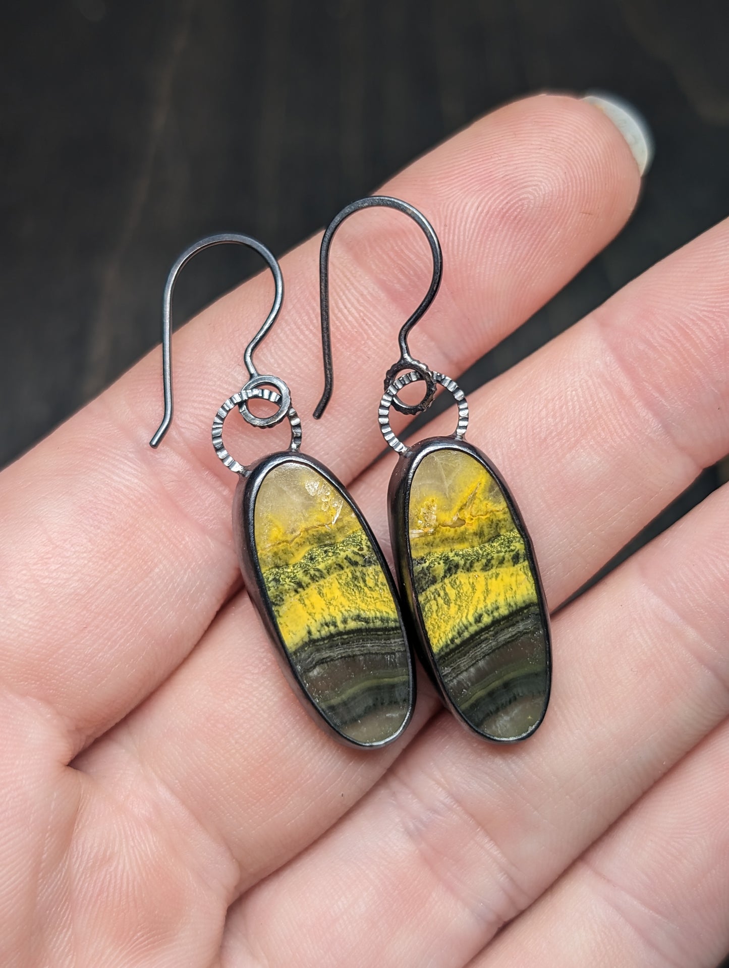 Bumble Bee Jasper Textured Sterling Silver Dangle Earrings