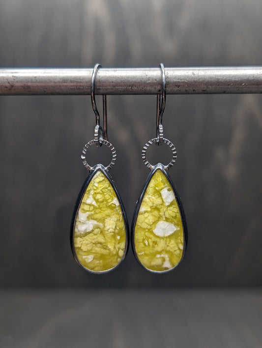 Lizardite Serpentine Textured Sterling Silver Dangle Earrings