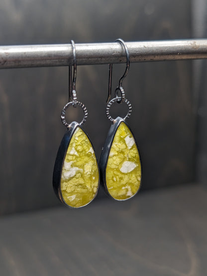 Lizardite Serpentine Textured Sterling Silver Dangle Earrings