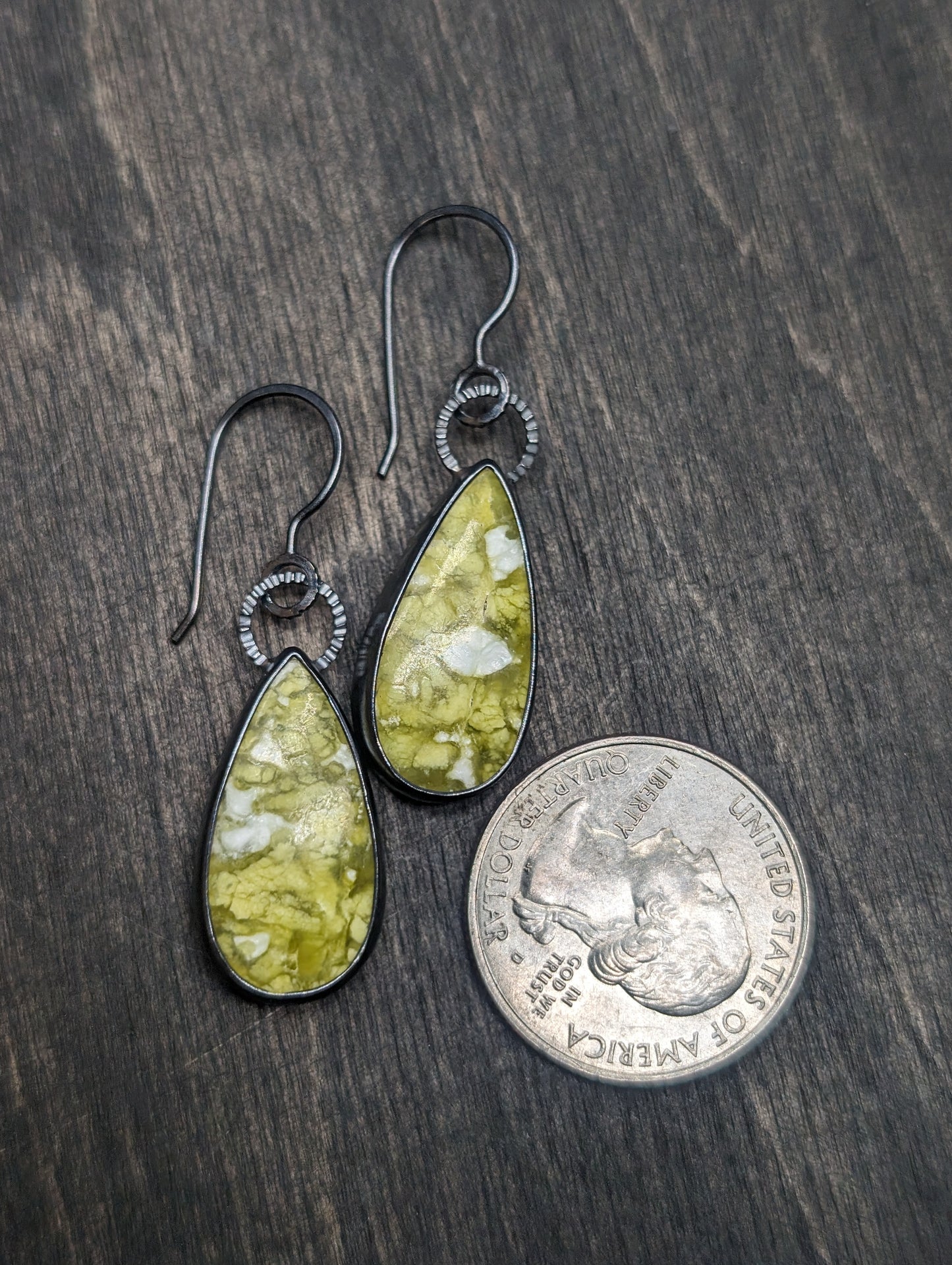 Lizardite Serpentine Textured Sterling Silver Dangle Earrings