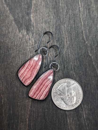 Rhodochrosite Textured Sterling Silver Dangle Earrings