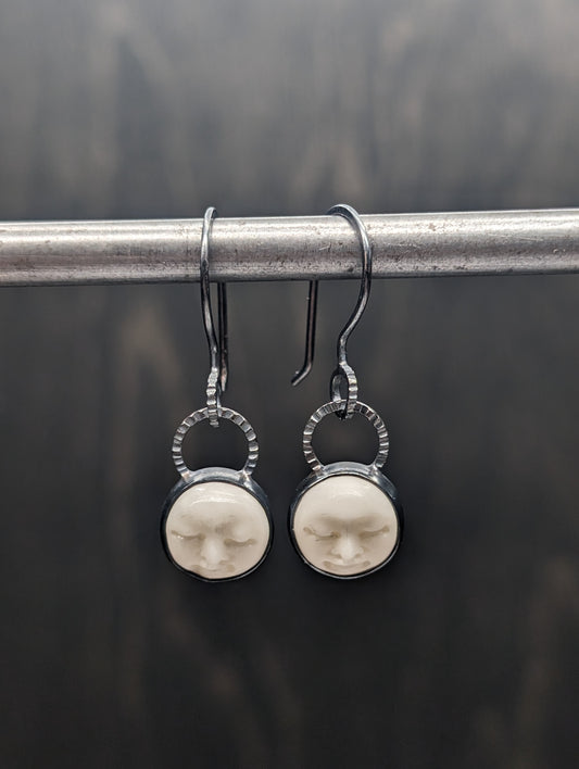 Mini Bone Moonface Textured Sterling Silver Dangle Earrings