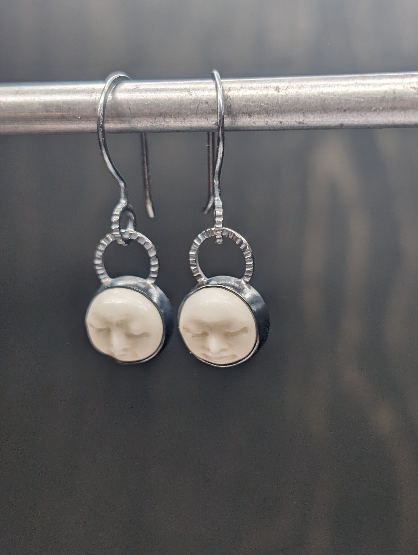 Mini Bone Moonface Textured Sterling Silver Dangle Earrings