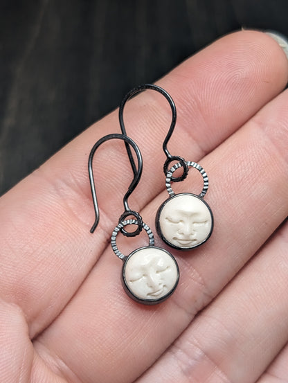 Mini Bone Moonface Textured Sterling Silver Dangle Earrings