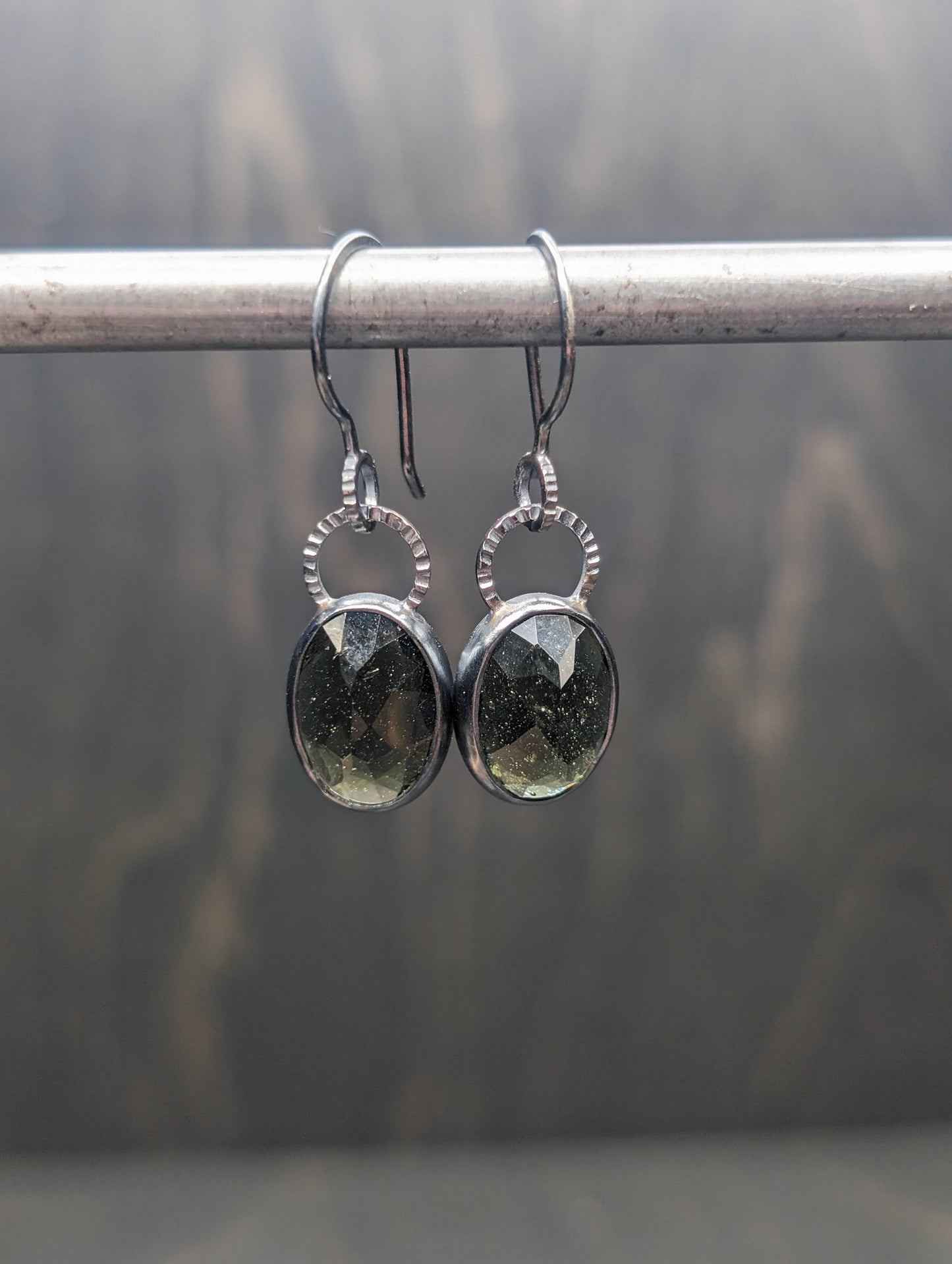 Large Moldavite Textured Sterling Silver Dangle Earrings