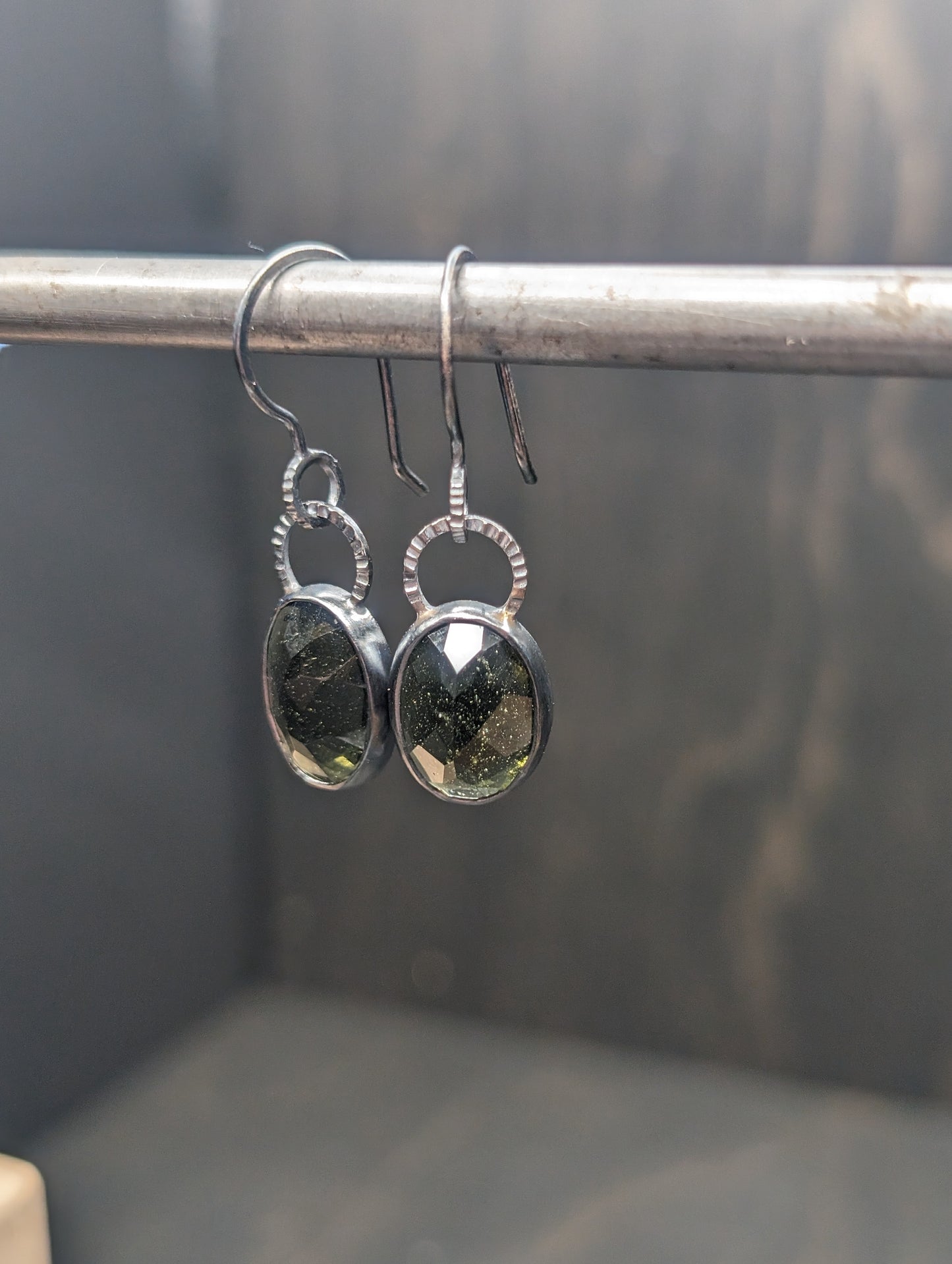 Large Moldavite Textured Sterling Silver Dangle Earrings