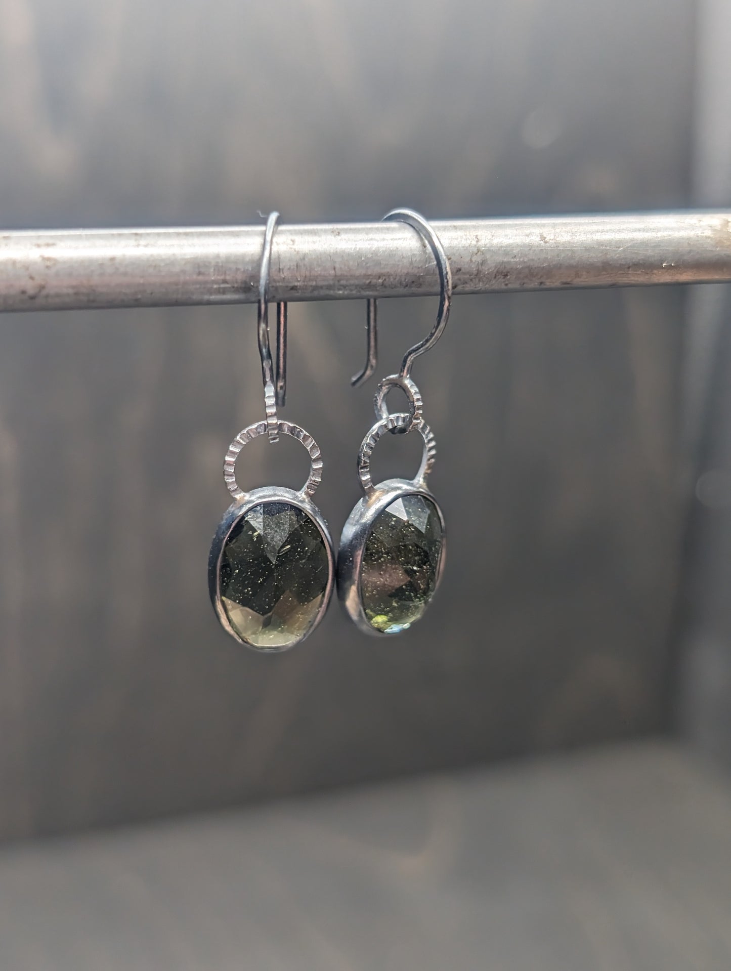 Large Moldavite Textured Sterling Silver Dangle Earrings