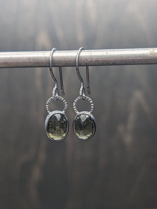 Medium Moldavite Textured Sterling Silver Dangle Earrings