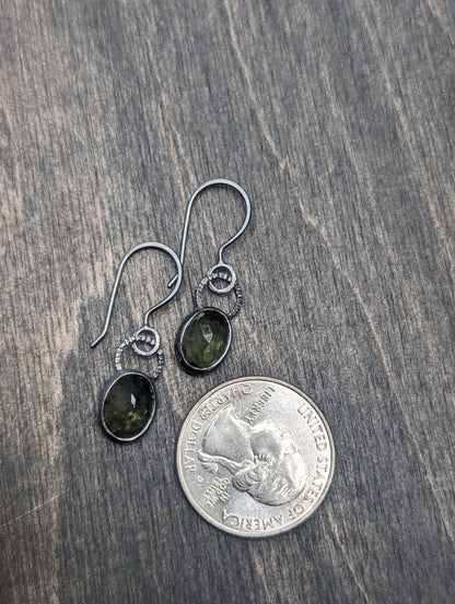 Medium Moldavite Textured Sterling Silver Dangle Earrings