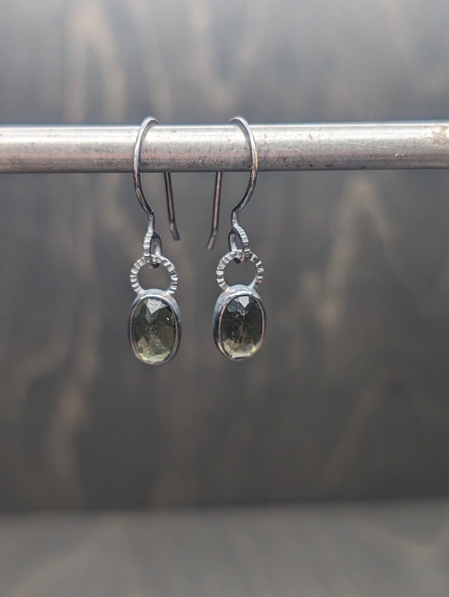 Small Moldavite Textured Sterling Silver Dangle Earrings