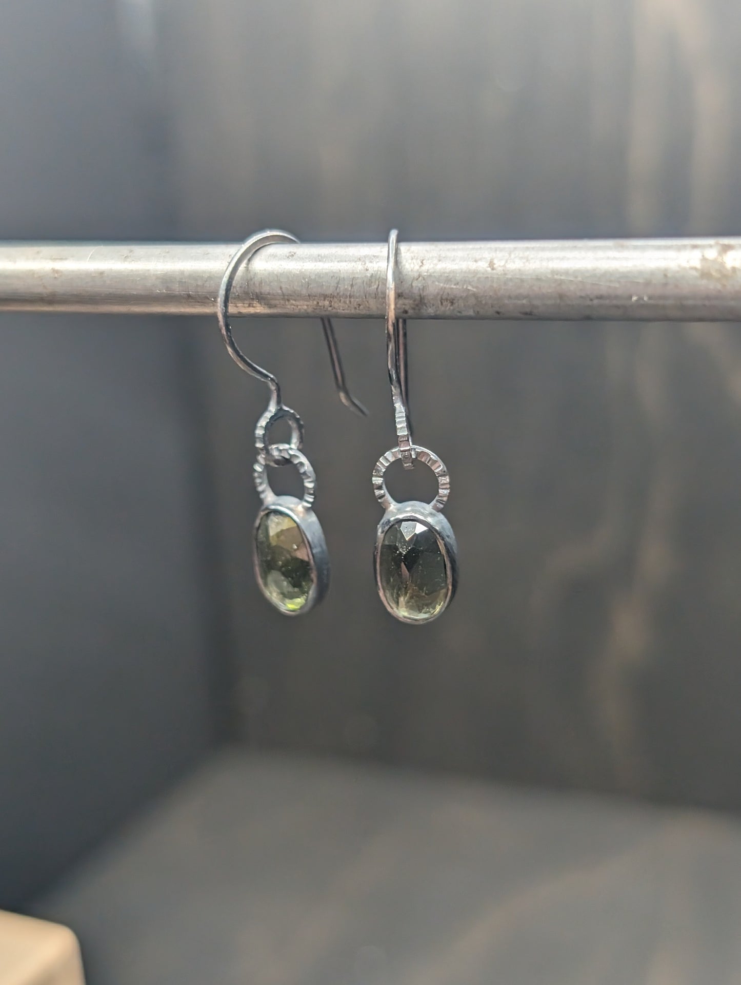 Small Moldavite Textured Sterling Silver Dangle Earrings