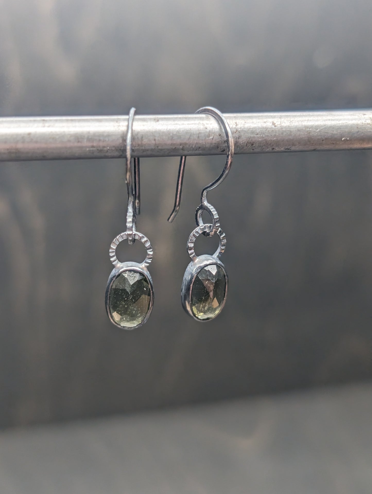 Small Moldavite Textured Sterling Silver Dangle Earrings